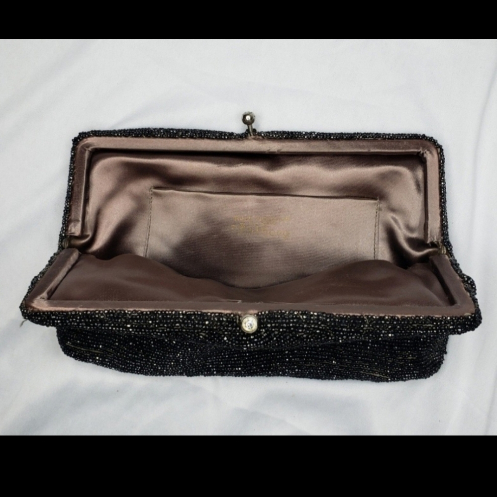 Walborg beaded clutch, evening purse,soft satin interior with mirror 1950s!